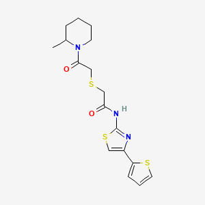 molecular formula C17H21N3O2S3 B2963184 2-[2-(2-methylpiperidin-1-yl)-2-oxoethyl]sulfanyl-N-(4-thiophen-2-yl-1,3-thiazol-2-yl)acetamide CAS No. 681224-81-7