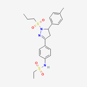 molecular formula C21H27N3O4S2 B2963219 N-(4-(1-(propylsulfonyl)-5-(p-tolyl)-4,5-dihydro-1H-pyrazol-3-yl)phenyl)ethanesulfonamide CAS No. 714263-29-3