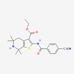 molecular formula C22H25N3O3S B2963230 Ethyl 2-[(4-cyanobenzoyl)amino]-5,5,7,7-tetramethyl-4,6-dihydrothieno[2,3-c]pyridine-3-carboxylate CAS No. 887901-72-6