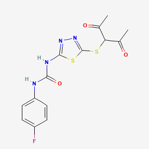 molecular formula C14H13FN4O3S2 B2963240 1-(5-((2,4-Dioxopentan-3-yl)thio)-1,3,4-thiadiazol-2-yl)-3-(4-fluorophenyl)urea CAS No. 898461-71-7