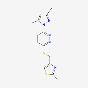 molecular formula C14H15N5S2 B2963271 4-(((6-(3,5-二甲基-1H-吡唑-1-基)吡哒嗪-3-基)硫代)甲基)-2-甲基噻唑 CAS No. 1351631-85-0