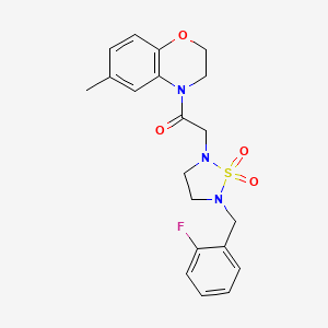 molecular formula C20H22FN3O4S B2963301 4-{[5-(2-fluorobenzyl)-1,1-dioxido-1,2,5-thiadiazolidin-2-yl]acetyl}-6-methyl-3,4-dihydro-2H-1,4-benzoxazine CAS No. 946294-70-8