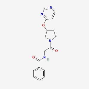 molecular formula C17H18N4O3 B2963310 N-(2-oxo-2-(3-(pyrimidin-4-yloxy)pyrrolidin-1-yl)ethyl)benzamide CAS No. 2034390-37-7