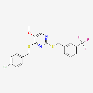 molecular formula C20H16ClF3N2OS2 B2963323 4-[(4-氯苄基)硫代]-2-{[3-(三氟甲基)苄基]硫代}-5-嘧啶基甲基醚 CAS No. 478042-71-6