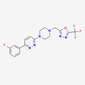 molecular formula C18H16F4N6O B2963358 2-[[4-[6-(3-Fluorophenyl)pyridazin-3-yl]piperazin-1-yl]methyl]-5-(trifluoromethyl)-1,3,4-oxadiazole CAS No. 2380081-09-2