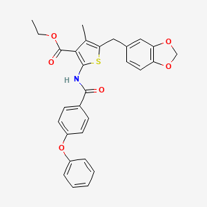 molecular formula C29H25NO6S B2963362 5-(1,3-苯并二氧杂环-5-基甲基)-4-甲基-2-[(4-苯氧基苯甲酰)氨基]噻吩-3-羧酸乙酯 CAS No. 476365-63-6