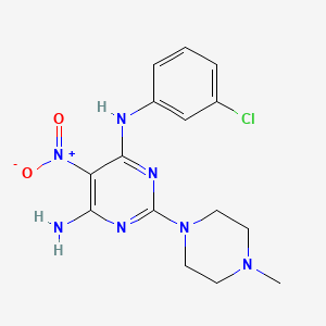 molecular formula C15H18ClN7O2 B2963379 N-(3-氯苯基)-2-(4-甲基哌嗪-1-基)-5-硝基嘧啶-4,6-二胺 CAS No. 673445-88-0