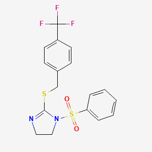 molecular formula C17H15F3N2O2S2 B2963381 1-(Benzenesulfonyl)-2-[[4-(trifluoromethyl)phenyl]methylsulfanyl]-4,5-dihydroimidazole CAS No. 868218-26-2