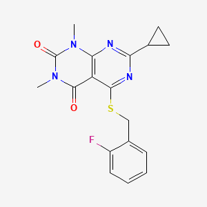 molecular formula C18H17FN4O2S B2963383 7-cyclopropyl-5-((2-fluorobenzyl)thio)-1,3-dimethylpyrimido[4,5-d]pyrimidine-2,4(1H,3H)-dione CAS No. 863003-22-9