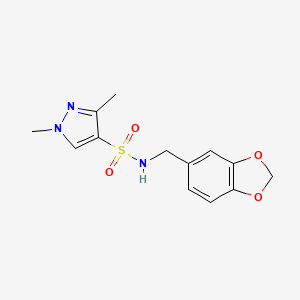 molecular formula C13H15N3O4S B2963398 N-(1,3-苯并二氧杂环-5-基甲基)-1,3-二甲基吡唑-4-磺酰胺 CAS No. 900942-87-2