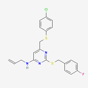 molecular formula C21H19ClFN3S2 B2963401 N-allyl-6-{[(4-chlorophenyl)sulfanyl]methyl}-2-[(4-fluorobenzyl)sulfanyl]-4-pyrimidinamine CAS No. 341965-48-8