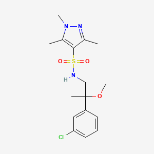 molecular formula C16H22ClN3O3S B2963515 N-(2-(3-chlorophenyl)-2-methoxypropyl)-1,3,5-trimethyl-1H-pyrazole-4-sulfonamide CAS No. 1795420-79-9