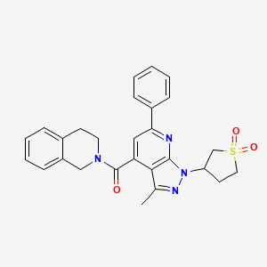 molecular formula C27H26N4O3S B2963555 (3,4-dihydroisoquinolin-2(1H)-yl)(1-(1,1-dioxidotetrahydrothiophen-3-yl)-3-methyl-6-phenyl-1H-pyrazolo[3,4-b]pyridin-4-yl)methanone CAS No. 1021074-93-0