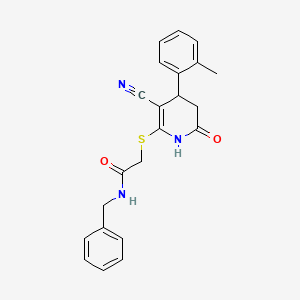 molecular formula C22H21N3O2S B2963611 N-benzyl-2-((3-cyano-6-oxo-4-(o-tolyl)-1,4,5,6-tetrahydropyridin-2-yl)thio)acetamide CAS No. 684238-07-1