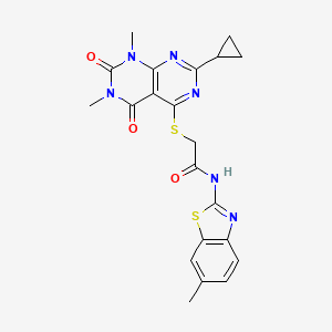 molecular formula C21H20N6O3S2 B2963638 2-((2-cyclopropyl-6,8-dimethyl-5,7-dioxo-5,6,7,8-tetrahydropyrimido[4,5-d]pyrimidin-4-yl)thio)-N-(6-methylbenzo[d]thiazol-2-yl)acetamide CAS No. 863003-14-9