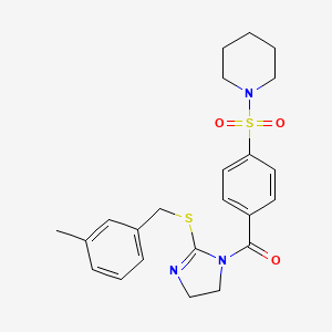 molecular formula C23H27N3O3S2 B2963649 (2-((3-methylbenzyl)thio)-4,5-dihydro-1H-imidazol-1-yl)(4-(piperidin-1-ylsulfonyl)phenyl)methanone CAS No. 851803-73-1