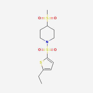 molecular formula C12H19NO4S3 B2963659 1-((5-Ethylthiophen-2-yl)sulfonyl)-4-(methylsulfonyl)piperidine CAS No. 1448051-72-6