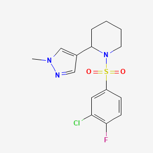 molecular formula C15H17ClFN3O2S B2963718 1-((3-chloro-4-fluorophenyl)sulfonyl)-2-(1-methyl-1H-pyrazol-4-yl)piperidine CAS No. 2034304-44-2