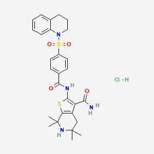 molecular formula C28H33ClN4O4S2 B2963726 2-(4-((3,4-dihydroquinolin-1(2H)-yl)sulfonyl)benzamido)-5,5,7,7-tetramethyl-4,5,6,7-tetrahydrothieno[2,3-c]pyridine-3-carboxamide hydrochloride CAS No. 1215720-44-7