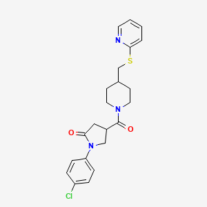 molecular formula C22H24ClN3O2S B2963737 1-(4-Chlorophenyl)-4-(4-((pyridin-2-ylthio)methyl)piperidine-1-carbonyl)pyrrolidin-2-one CAS No. 1421494-92-9