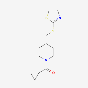 molecular formula C13H20N2OS2 B2963746 Cyclopropyl(4-(((4,5-dihydrothiazol-2-yl)thio)methyl)piperidin-1-yl)methanone CAS No. 1396629-83-6