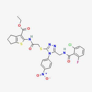 molecular formula C28H24ClFN6O6S2 B2963771 ethyl 2-[[2-[[5-[[(2-chloro-6-fluorobenzoyl)amino]methyl]-4-(4-nitrophenyl)-1,2,4-triazol-3-yl]sulfanyl]acetyl]amino]-5,6-dihydro-4H-cyclopenta[b]thiophene-3-carboxylate CAS No. 393850-52-7