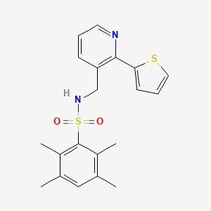 molecular formula C20H22N2O2S2 B2963784 2,3,5,6-tetramethyl-N-((2-(thiophen-2-yl)pyridin-3-yl)methyl)benzenesulfonamide CAS No. 2034577-76-7