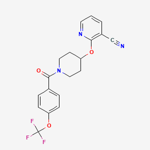 molecular formula C19H16F3N3O3 B2963817 2-((1-(4-(三氟甲氧基)苯甲酰)哌啶-4-基)氧基)烟腈 CAS No. 1797595-72-2