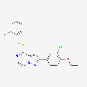 molecular formula C21H17ClFN3OS B2963830 2-(3-Chloro-4-ethoxyphenyl)-4-[(2-fluorobenzyl)thio]pyrazolo[1,5-a]pyrazine CAS No. 1105240-65-0