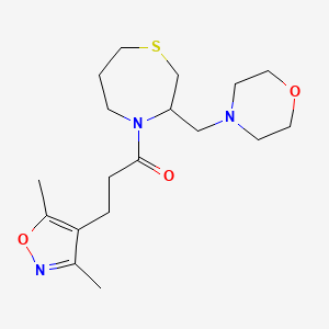 molecular formula C18H29N3O3S B2963936 3-(3,5-Dimethylisoxazol-4-yl)-1-(3-(morpholinomethyl)-1,4-thiazepan-4-yl)propan-1-one CAS No. 1421491-54-4