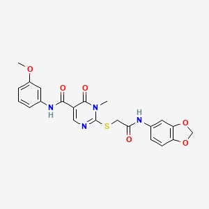 molecular formula C22H20N4O6S B2963959 2-((2-(苯并[d][1,3]二氧杂环-5-基氨基)-2-氧代乙基)硫代)-N-(3-甲氧基苯基)-1-甲基-6-氧代-1,6-二氢嘧啶-5-甲酰胺 CAS No. 894056-01-0