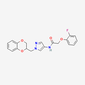 molecular formula C20H18FN3O4 B2963971 N-(1-((2,3-dihydrobenzo[b][1,4]dioxin-2-yl)methyl)-1H-pyrazol-4-yl)-2-(2-fluorophenoxy)acetamide CAS No. 1796949-04-6