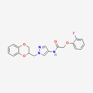 molecular formula C20H18FN3O4 B2963971 N-(1-((2,3-二氢苯并[b][1,4]二氧杂环-2-基)甲基)-1H-吡唑-4-基)-2-(2-氟苯氧基)乙酰胺 CAS No. 1796949-04-6