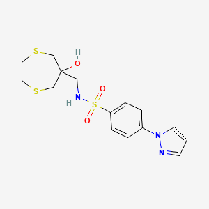 molecular formula C15H19N3O3S3 B2963997 N-[(6-Hydroxy-1,4-dithiepan-6-yl)methyl]-4-pyrazol-1-ylbenzenesulfonamide CAS No. 2415565-80-7