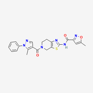 molecular formula C22H20N6O3S B2964009 5-methyl-N-(5-(5-methyl-1-phenyl-1H-pyrazole-4-carbonyl)-4,5,6,7-tetrahydrothiazolo[5,4-c]pyridin-2-yl)isoxazole-3-carboxamide CAS No. 1396844-01-1