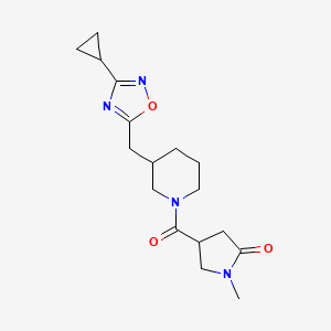 molecular formula C17H24N4O3 B2964024 4-(3-((3-Cyclopropyl-1,2,4-oxadiazol-5-yl)methyl)piperidine-1-carbonyl)-1-methylpyrrolidin-2-one CAS No. 1705375-50-3