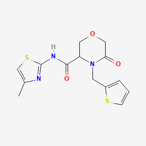 molecular formula C14H15N3O3S2 B2964025 N-(4-methylthiazol-2-yl)-5-oxo-4-(thiophen-2-ylmethyl)morpholine-3-carboxamide CAS No. 1421441-72-6