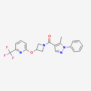 molecular formula C20H17F3N4O2 B2964081 (5-methyl-1-phenyl-1H-pyrazol-4-yl)(3-((6-(trifluoromethyl)pyridin-2-yl)oxy)azetidin-1-yl)methanone CAS No. 2034351-12-5