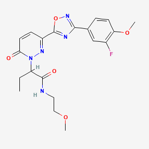 molecular formula C20H22FN5O5 B2964180 2-(3-(3-(3-fluoro-4-methoxyphenyl)-1,2,4-oxadiazol-5-yl)-6-oxopyridazin-1(6H)-yl)-N-(2-methoxyethyl)butanamide CAS No. 2176271-30-8