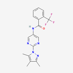 molecular formula C18H16F3N5O B2964222 2-(trifluoromethyl)-N-(2-(3,4,5-trimethyl-1H-pyrazol-1-yl)pyrimidin-5-yl)benzamide CAS No. 1421527-00-5