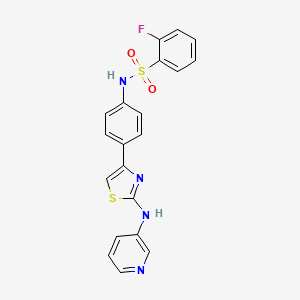 molecular formula C20H15FN4O2S2 B2964302 2-fluoro-N-(4-(2-(pyridin-3-ylamino)thiazol-4-yl)phenyl)benzenesulfonamide CAS No. 1797028-32-0