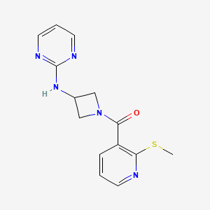 molecular formula C14H15N5OS B2964356 (2-(Methylthio)pyridin-3-yl)(3-(pyrimidin-2-ylamino)azetidin-1-yl)methanone CAS No. 2034302-51-5