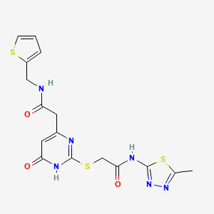 molecular formula C16H16N6O3S3 B2964360 N-(5-methyl-1,3,4-thiadiazol-2-yl)-2-((6-oxo-4-(2-oxo-2-((thiophen-2-ylmethyl)amino)ethyl)-1,6-dihydropyrimidin-2-yl)thio)acetamide CAS No. 1105217-84-2