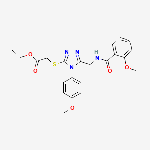 molecular formula C22H24N4O5S B2964366 Ethyl 2-[[5-[[(2-methoxybenzoyl)amino]methyl]-4-(4-methoxyphenyl)-1,2,4-triazol-3-yl]sulfanyl]acetate CAS No. 689749-47-1