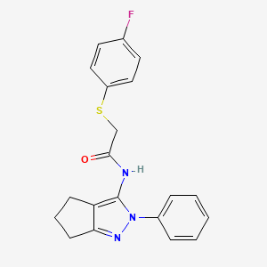 molecular formula C20H18FN3OS B2964373 2-((4-fluorophenyl)thio)-N-(2-phenyl-2,4,5,6-tetrahydrocyclopenta[c]pyrazol-3-yl)acetamide CAS No. 1210704-54-3