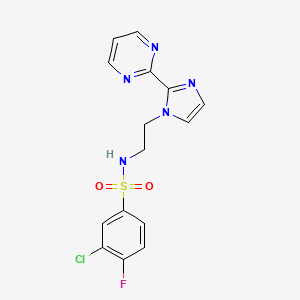 molecular formula C15H13ClFN5O2S B2964401 3-chloro-4-fluoro-N-(2-(2-(pyrimidin-2-yl)-1H-imidazol-1-yl)ethyl)benzenesulfonamide CAS No. 1797261-31-4