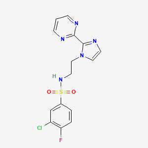 molecular formula C15H13ClFN5O2S B2964401 3-氯-4-氟-N-(2-(2-(嘧啶-2-基)-1H-咪唑-1-基)乙基)苯磺酰胺 CAS No. 1797261-31-4