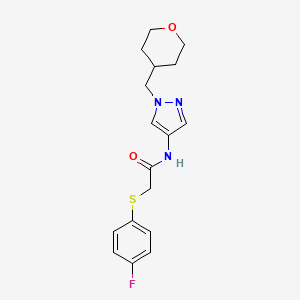 molecular formula C17H20FN3O2S B2964420 2-((4-fluorophenyl)thio)-N-(1-((tetrahydro-2H-pyran-4-yl)methyl)-1H-pyrazol-4-yl)acetamide CAS No. 1705350-86-2