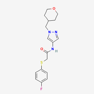 molecular formula C17H20FN3O2S B2964420 2-((4-氟苯基)硫代)-N-(1-((四氢-2H-吡喃-4-基)甲基)-1H-吡唑-4-基)乙酰胺 CAS No. 1705350-86-2