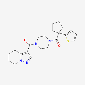 molecular formula C22H28N4O2S B2964561 (4,5,6,7-Tetrahydropyrazolo[1,5-a]pyridin-3-yl)(4-(1-(thiophen-2-yl)cyclopentanecarbonyl)piperazin-1-yl)methanone CAS No. 2034545-26-9